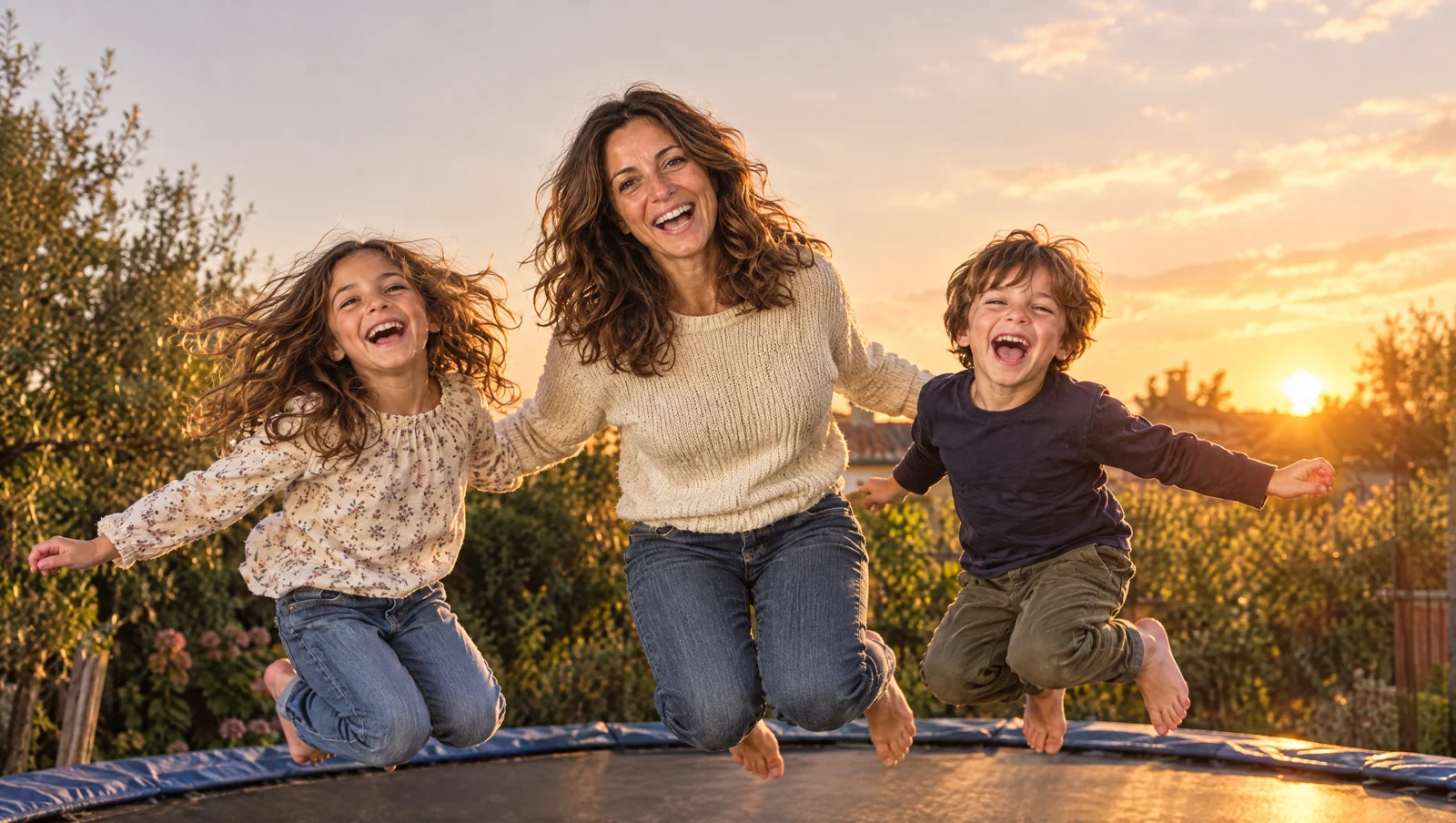 Lei salta sul tappeto elastico con i figli, al tramonto